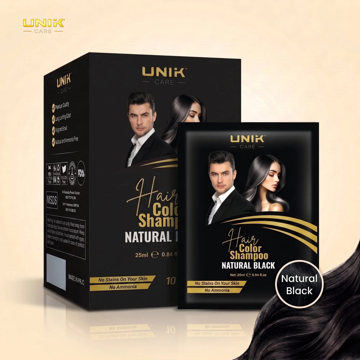 UNIK Care Natural Black Hair Dye Shampoo Sachet | Pack of 10 | 25ML Each