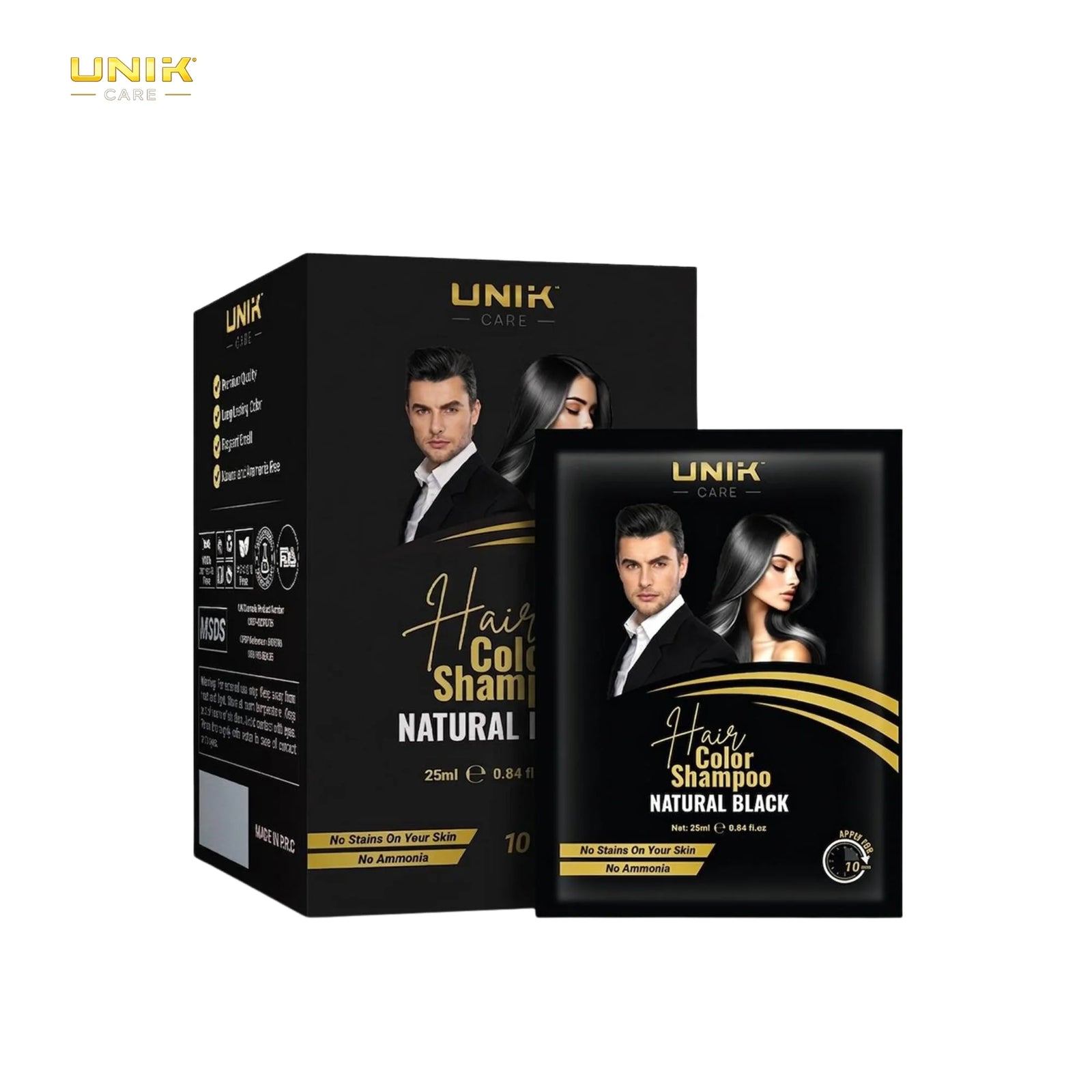 UNIK Care Natural Black Hair Dye Shampoo Sachet | Pack of 10 | 25ML Each