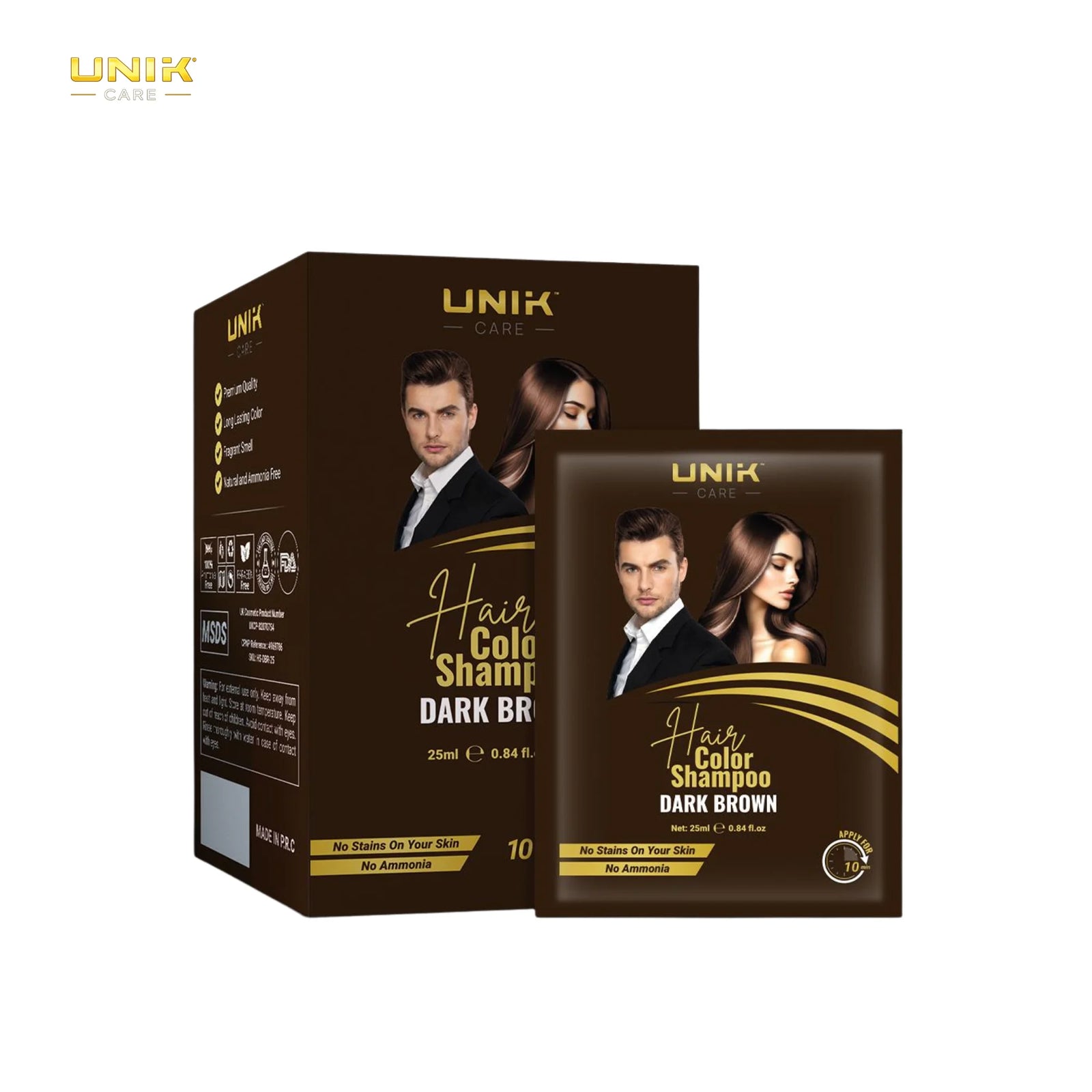 UNIK Care Dark Brown Hair Dye Shampoo Sachet | Pack of 10 | 25ml Each