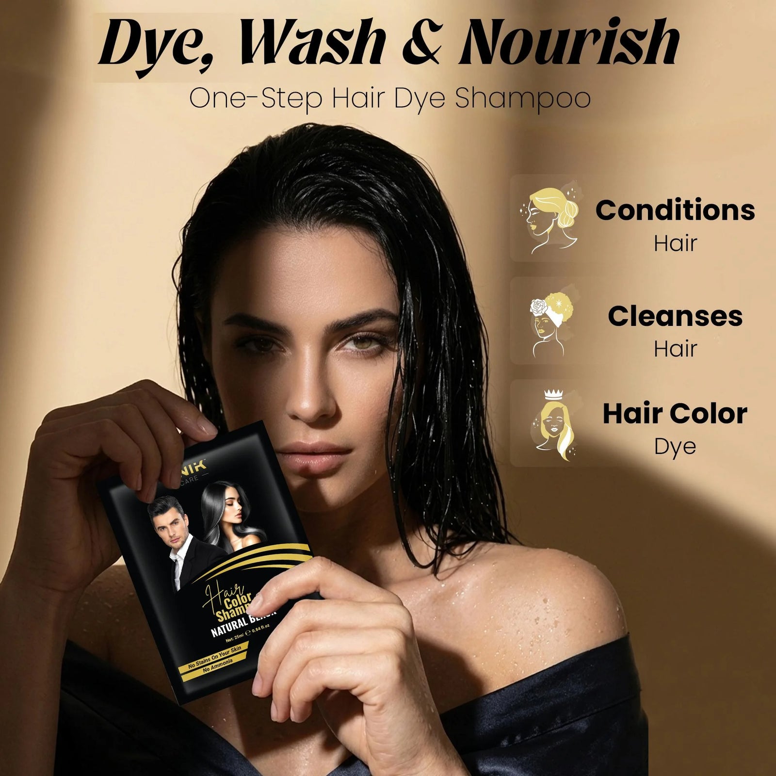UNIK Care Natural Black Hair Dye Shampoo Sachet | Pack of 10 | 25ML Each
