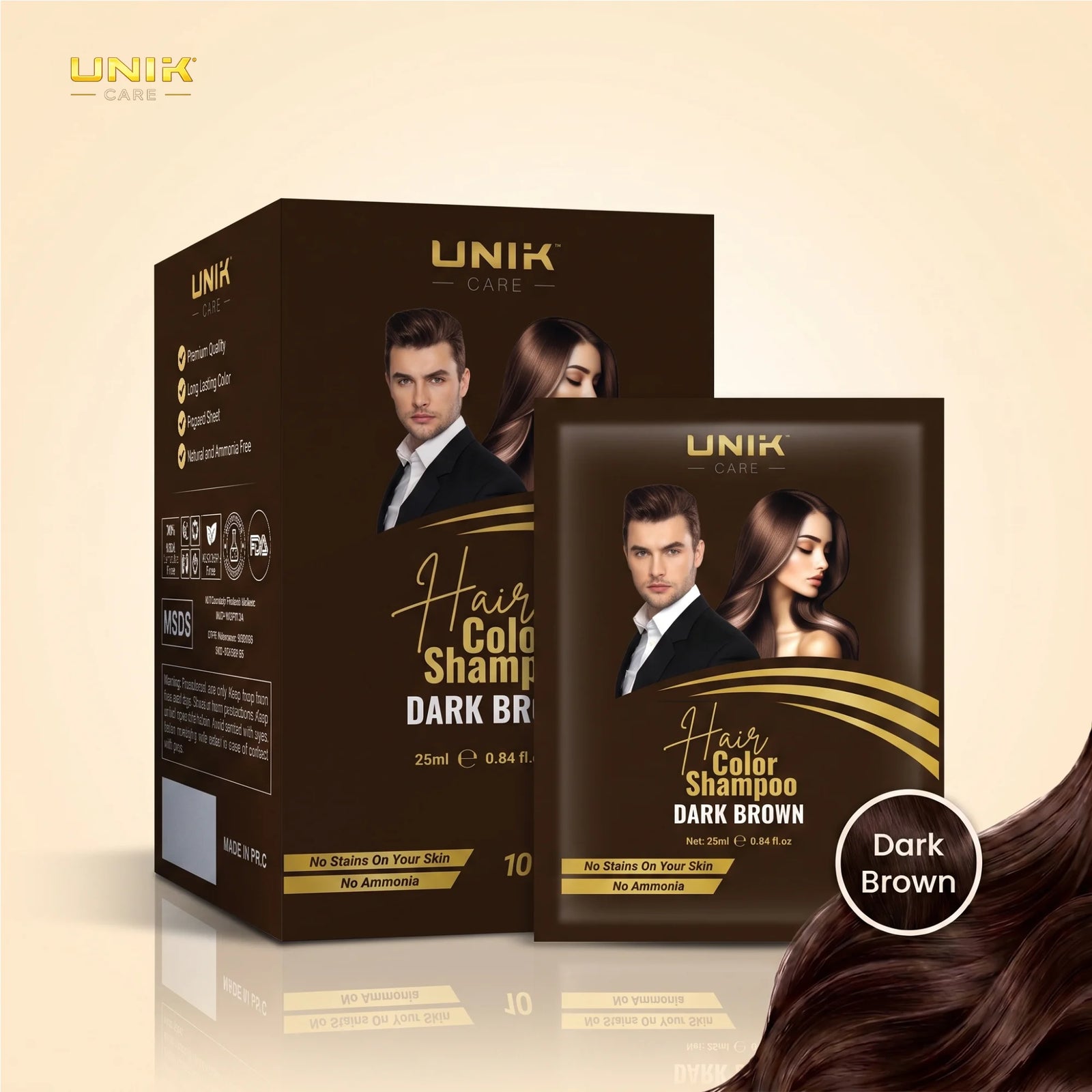 UNIK Care Dark Brown Hair Dye Shampoo Sachet | Pack of 10 | 25ml Each