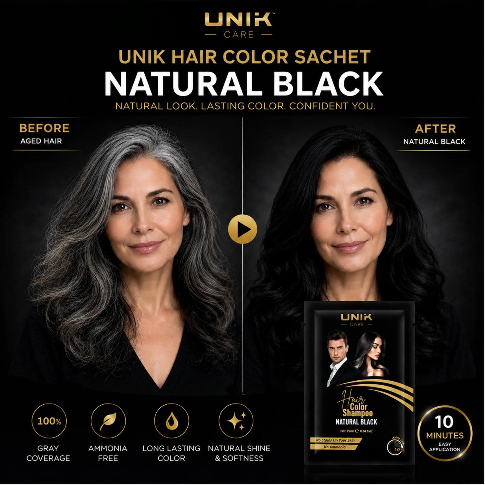 UNIK Care Natural Black Hair Dye Shampoo Sachet | Pack of 10 | 25ML Each
