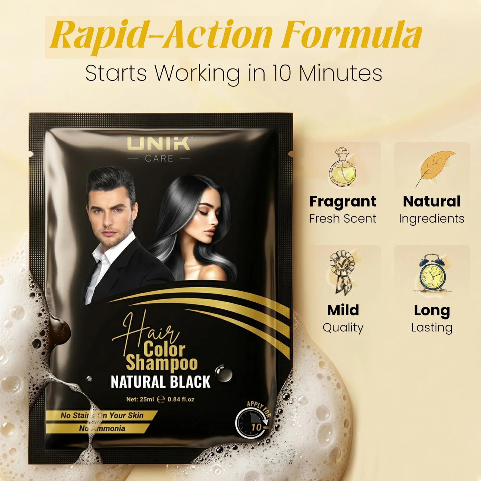 UNIK Care Natural Black Hair Dye Shampoo Sachet | Pack of 10 | 25ML Each