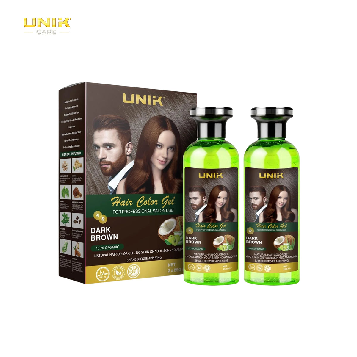 UNIK Care Dark Brown Hair Colour Gel | 2 × 250ml